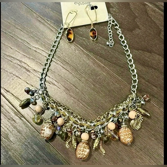 carolD Studio Tiger Eye earrings/necklace set,silver tone chain tan/brown bobble - Picture 9 of 9